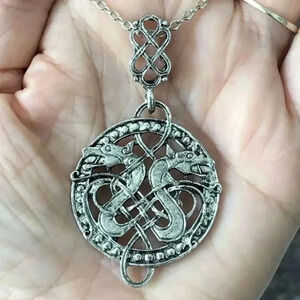3 for $25/ Double Dragon Viking Celtic Knot Medallion Silver Necklace NWT